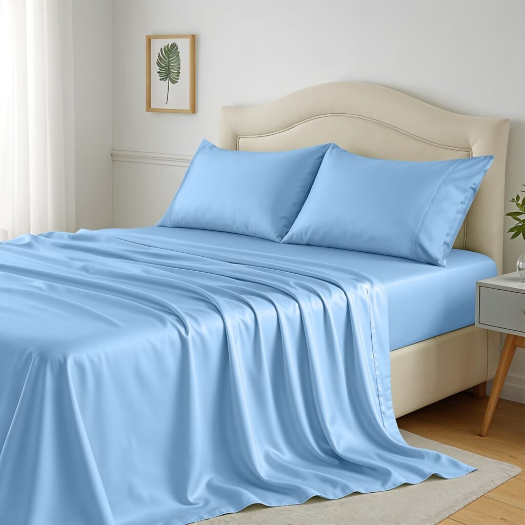 Blue 4-piece 100% bamboo viscose cooling sheet set with 16 inch deep pocket