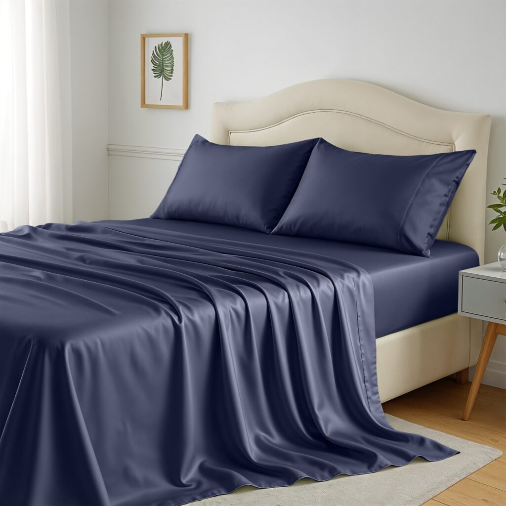 Navy blue 4-piece 100% bamboo viscose cooling sheet set with 16 inch deep pocket