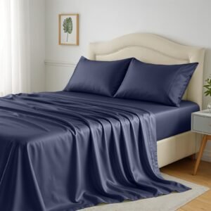Navy blue 4-piece 100% bamboo viscose cooling sheet set with 16 inch deep pocket