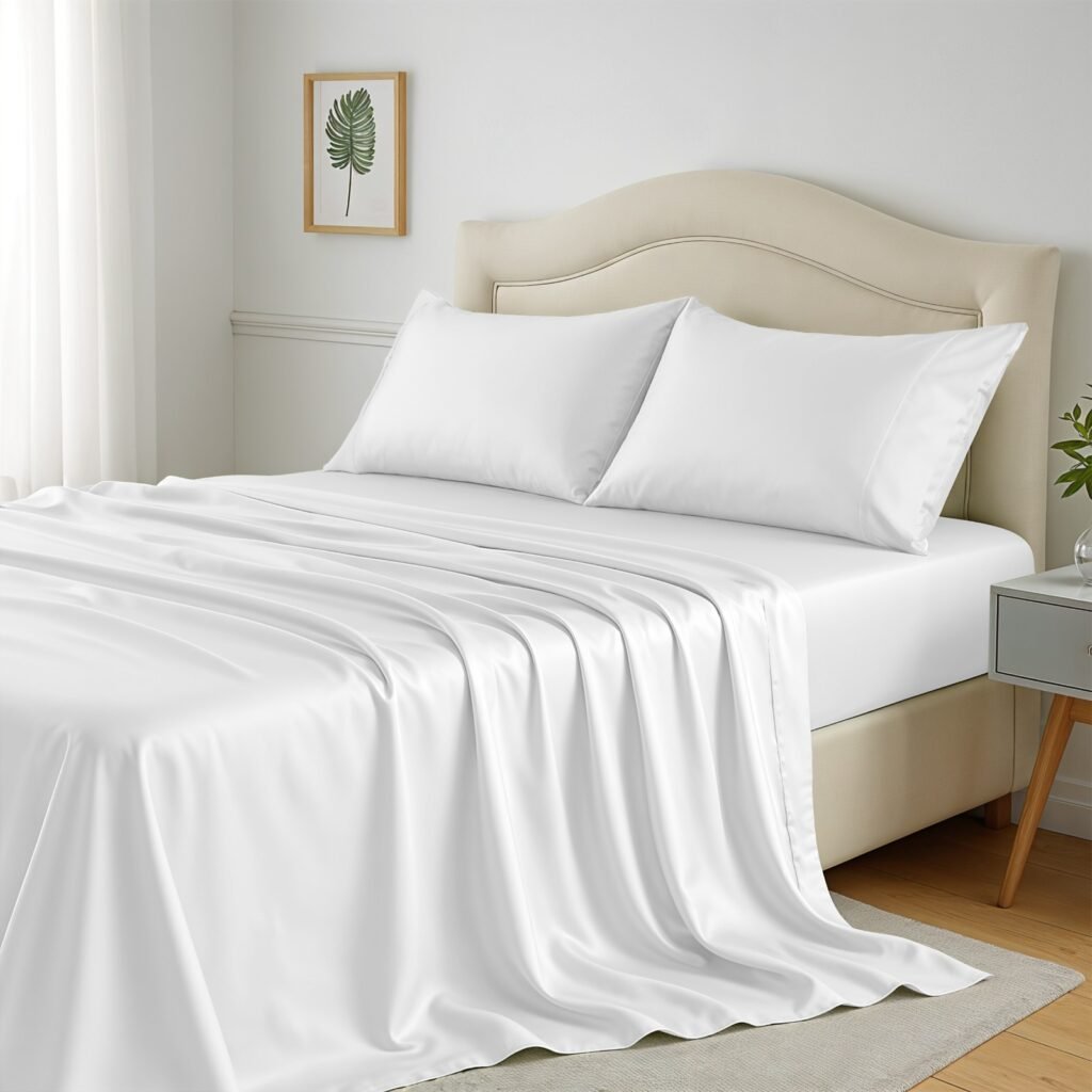 White 4-piece 100% bamboo viscose cooling sheet set with 16 inch deep pocket