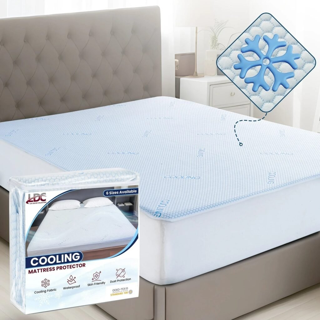 Cooling waterproof mattress protector with breathable jacquard air layer and 16 inch deep pocket