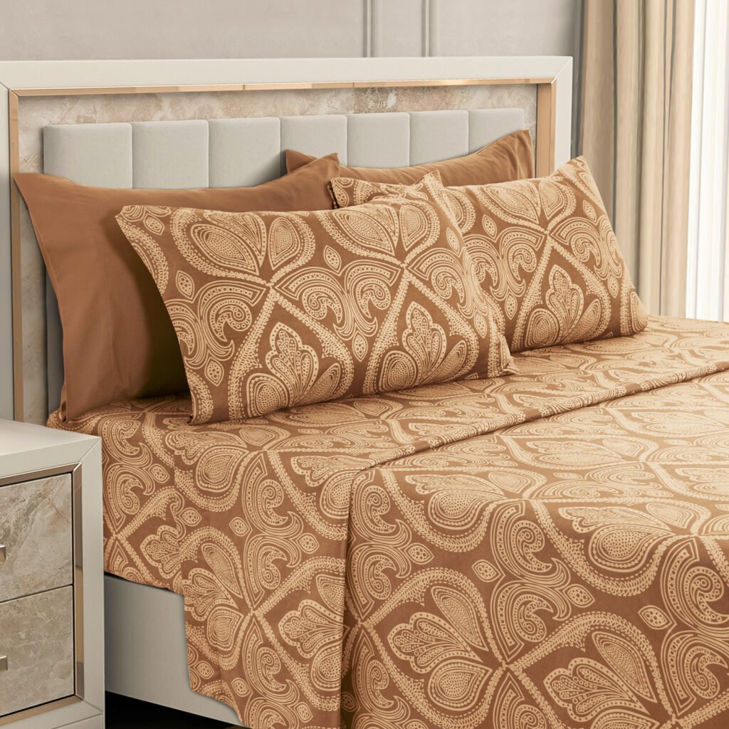 Chocolate paisley 6-piece sheet set with 16 inch deep pocket fitted sheet in 1800 series brushed microfiber