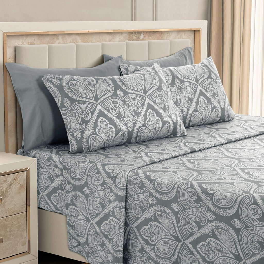 Gray paisley 6-piece sheet set with 16 inch deep pocket fitted sheet in 1800 series brushed microfiber