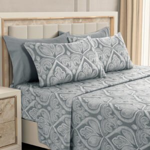 Gray paisley 6-piece sheet set with 16 inch deep pocket fitted sheet in 1800 series brushed microfiber