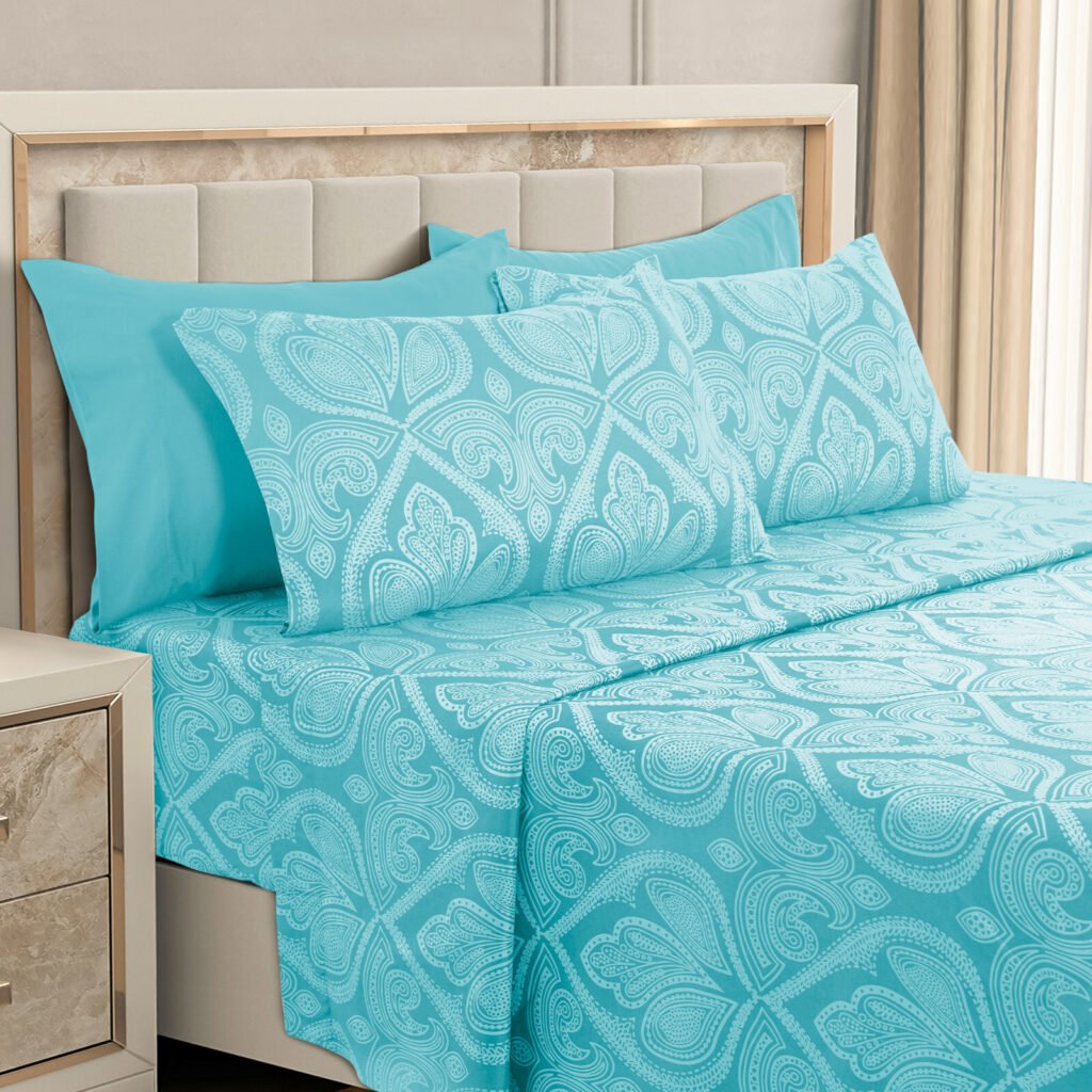 Light Blue paisley 6-piece sheet set with 16 inch deep pocket fitted sheet in 1800 series brushed microfiber