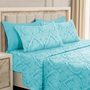 Light Blue paisley 6-piece sheet set with 16 inch deep pocket fitted sheet in 1800 series brushed microfiber
