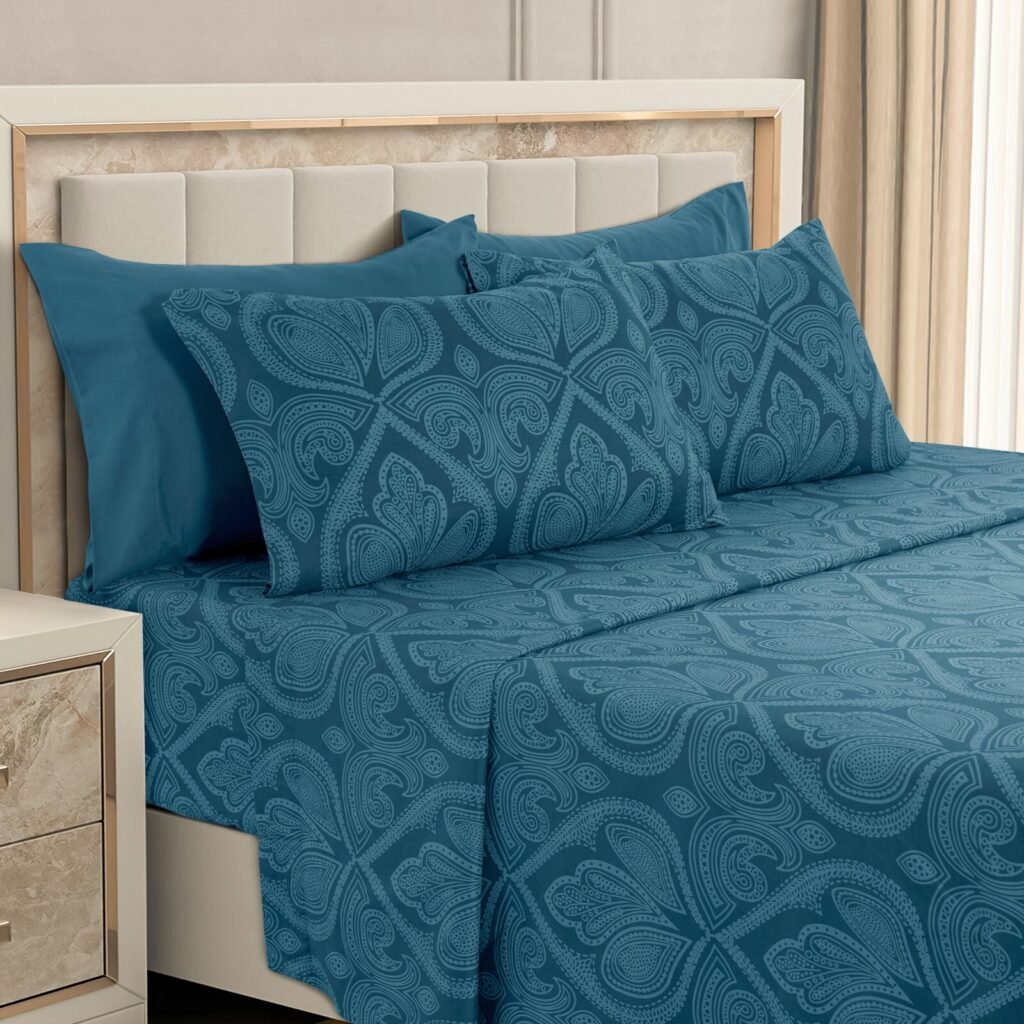 Navy blue paisley 6-piece sheet set with 16 inch deep pocket fitted sheet in 1800 series brushed microfiber