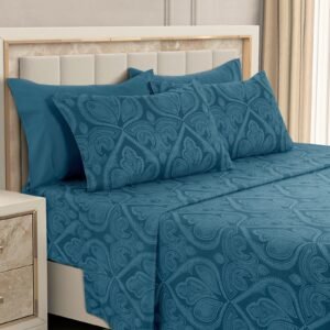 Navy blue paisley 6-piece sheet set with 16 inch deep pocket fitted sheet in 1800 series brushed microfiber